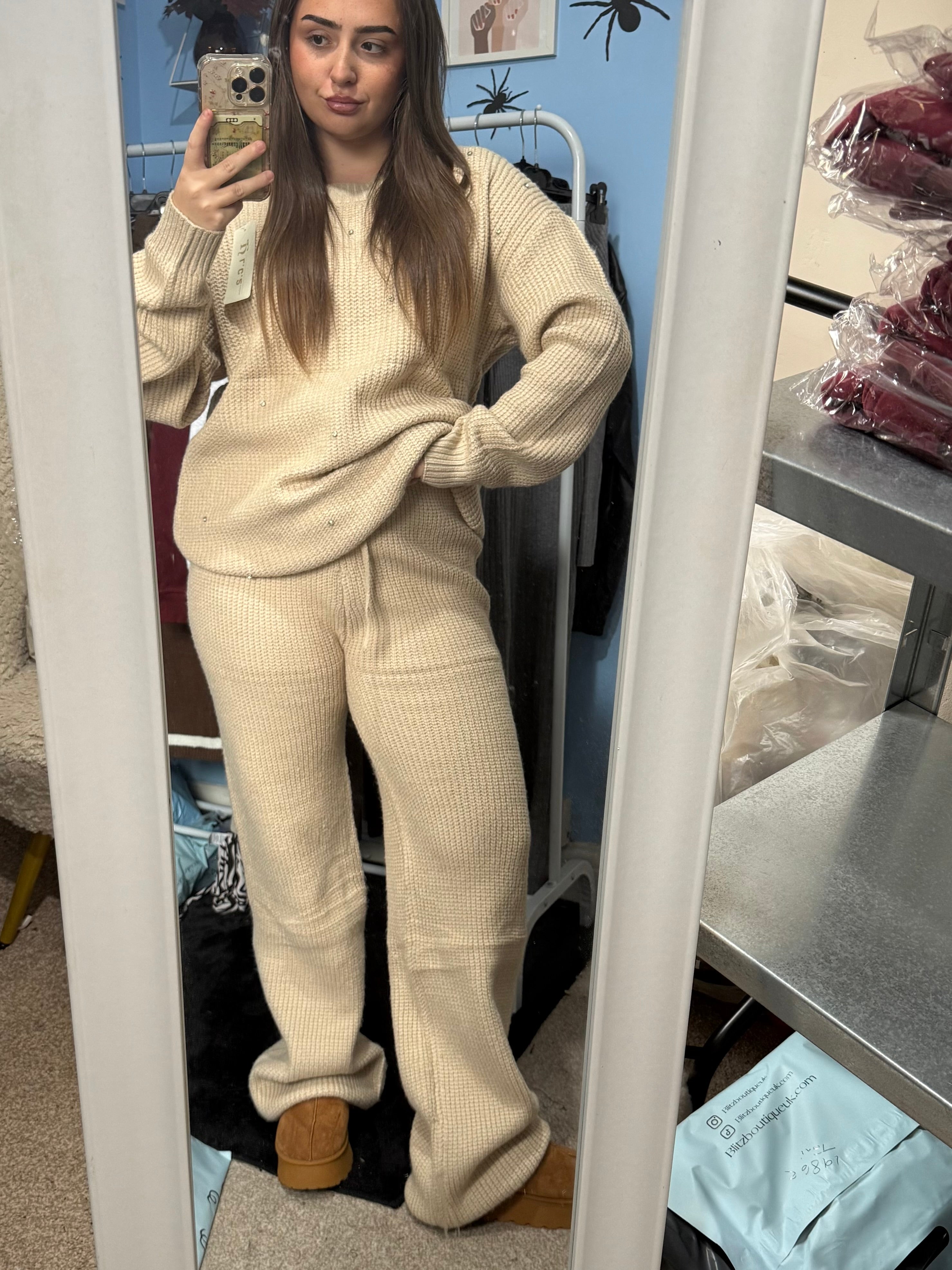 ALICE beige knitted straight leg trouser and matching diamante jumper set