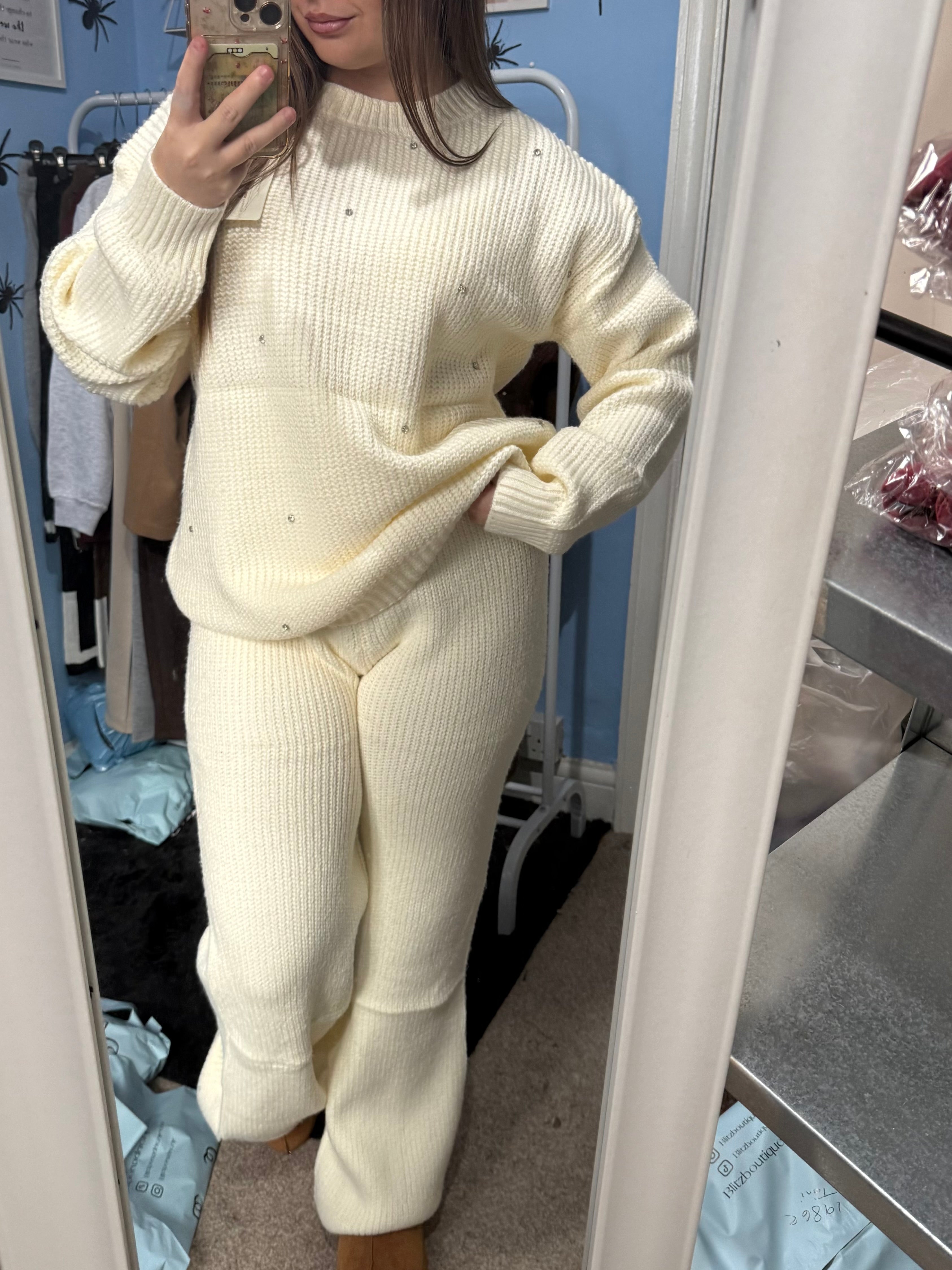 ALICE Cream knitted straight leg trouser and matching diamante jumper set