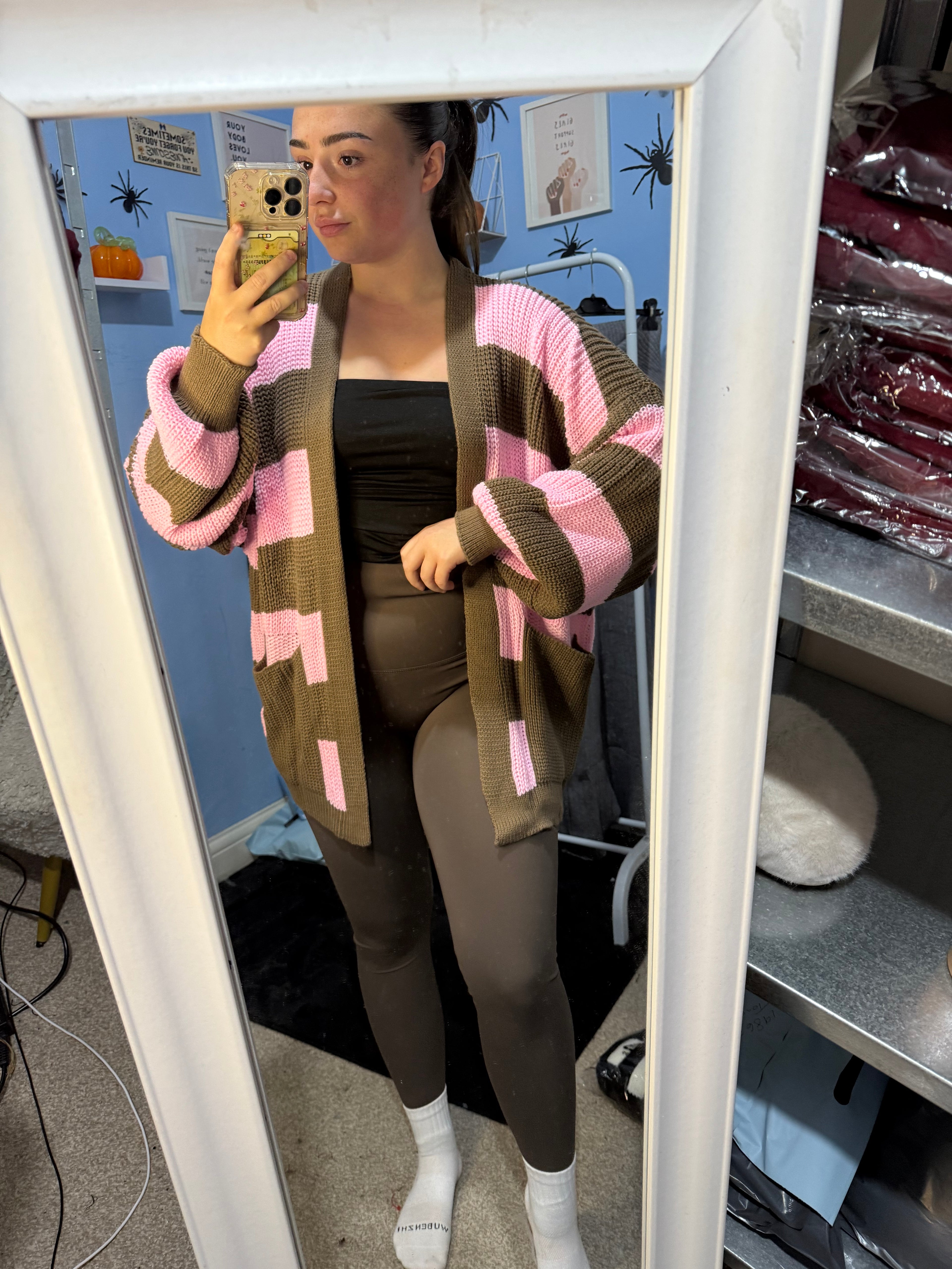 FLORA brown and pink knitted cardigan