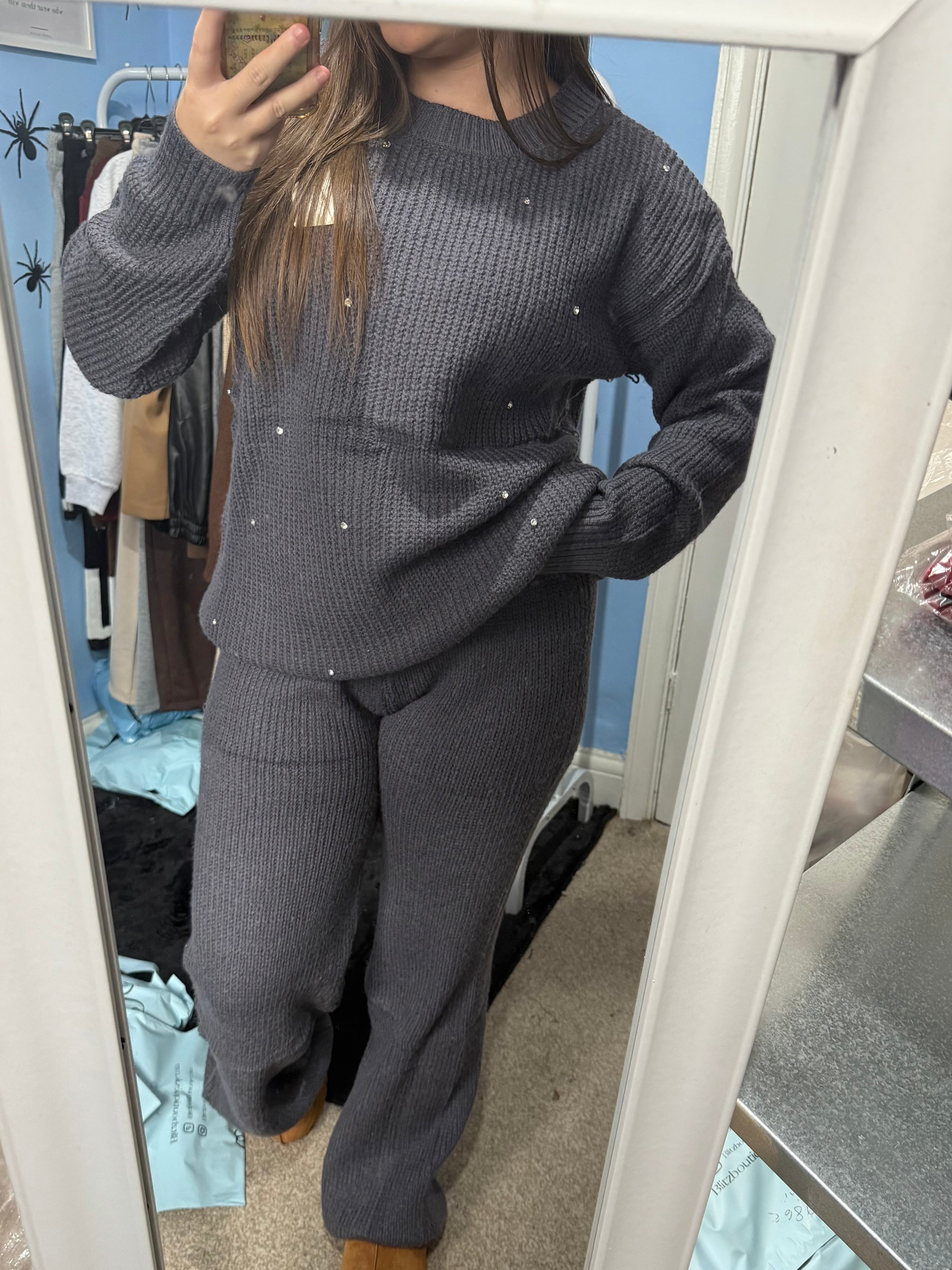 ALICE Charcoal grey knitted straight leg trouser and matching diamante jumper set