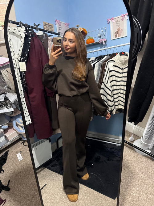 Brown and Burgundy Long Sleeve Top & Matching Trousers Set for Women