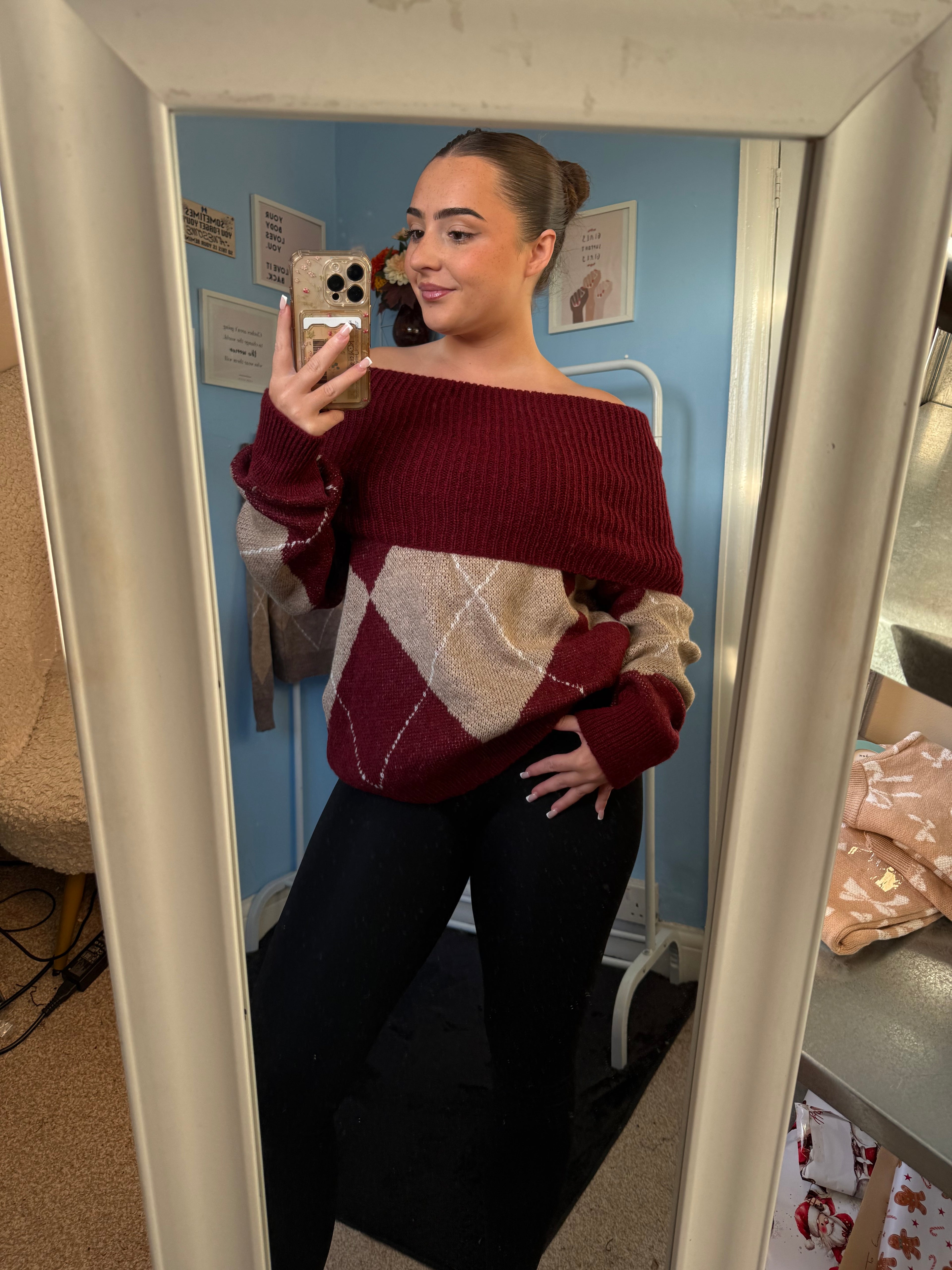 DAHLIA wine off the shoulder jumper