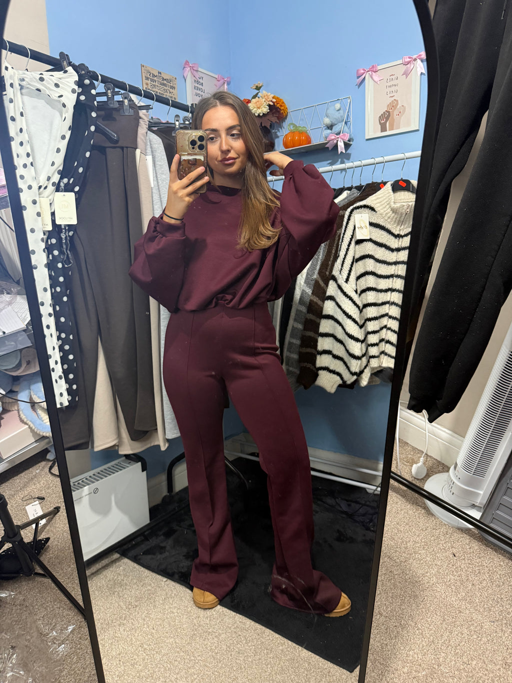 Brown and Burgundy Long Sleeve Top & Matching Trousers Set for Women